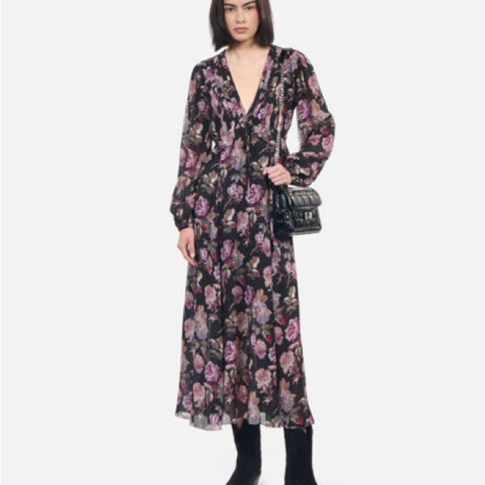 The Kooples Pink and Purple Wrap Midi Dress with Bishop Sleeves